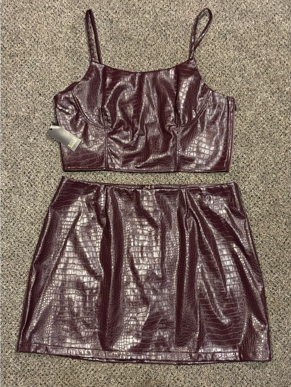 BOLD elements Faux Croc Two-Piece Crop Top & Mini Skirt — Burgundy